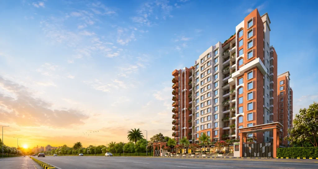 KK Maples Charholi premium 2 & 3 BHK flats near Charholi Phata, Pune with modern residential towers and landscaped surroundings.
